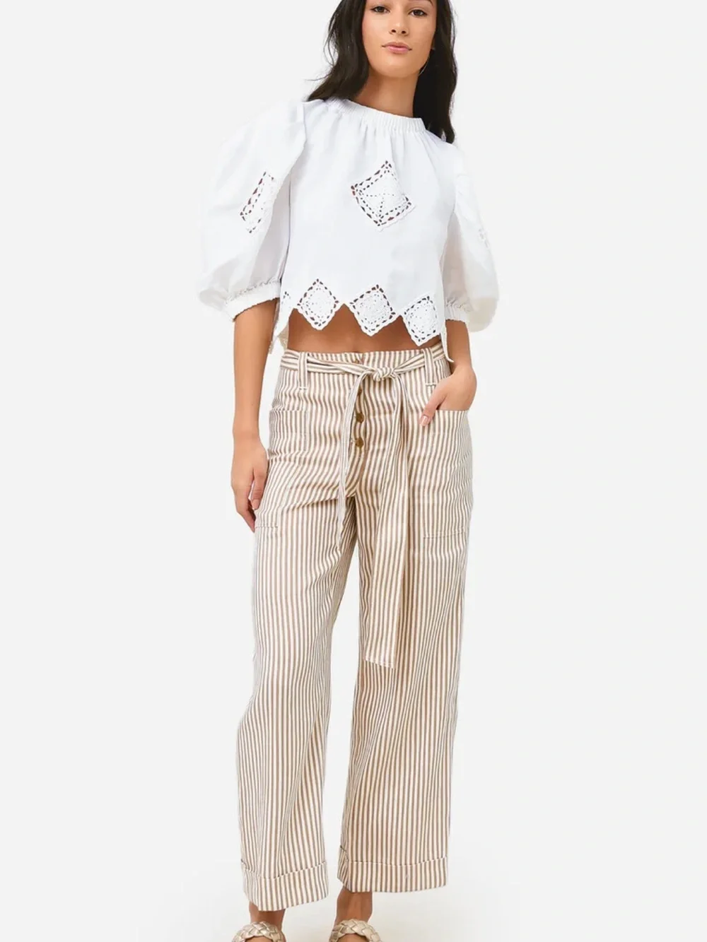 Tory Burch Gabriela Striped Gathered Tie Waist Linen Blend Pants 8